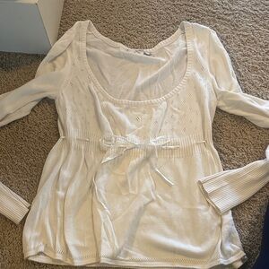 Kimchi Blue Cream Scoop-Neck Long Sleeve Knit Top with Waist Tie